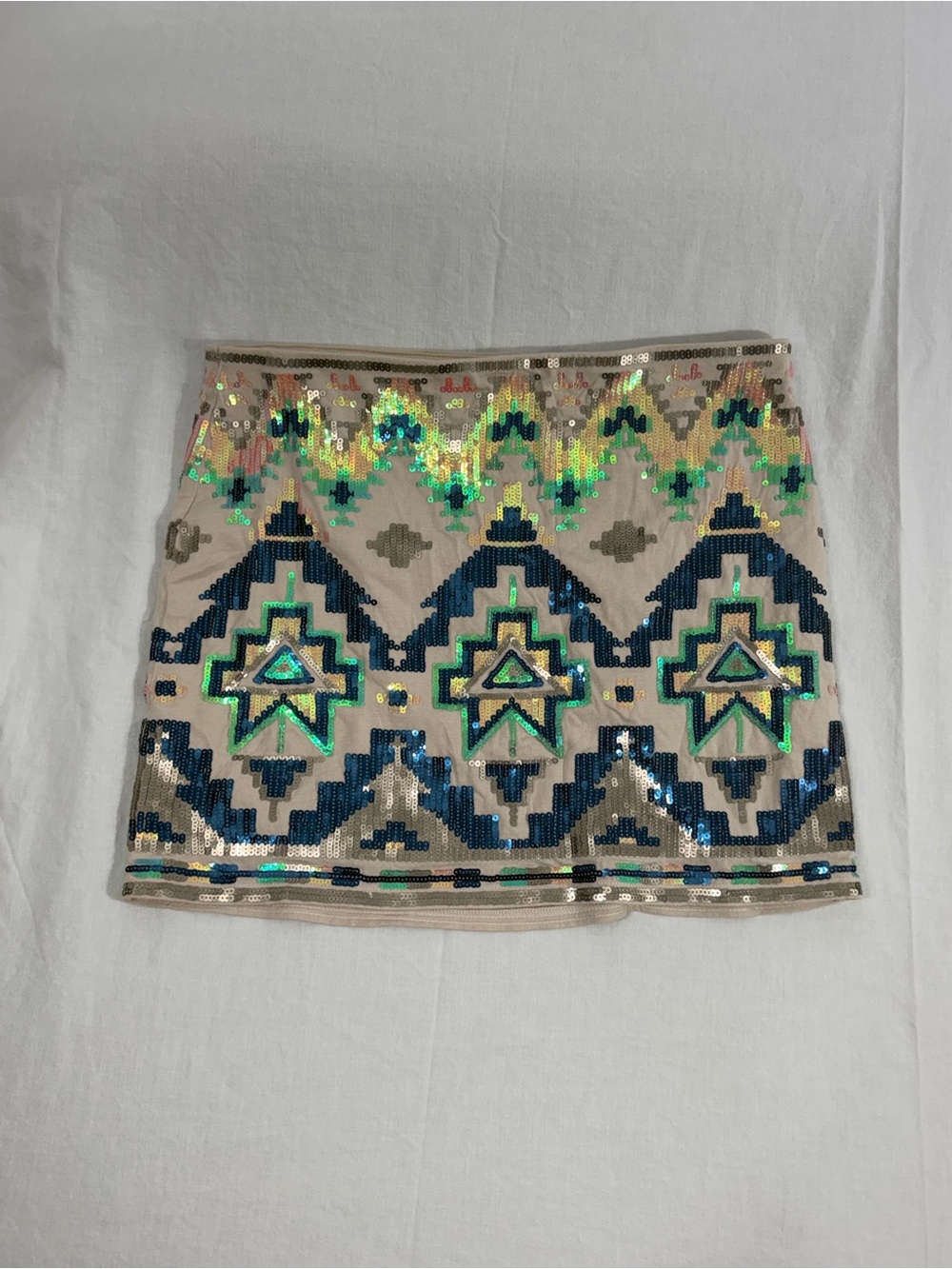 Express Beige Mini Skirt with Blue Pink and Green Sequin Geo Pattern size S